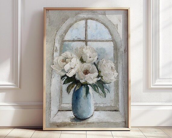 White Hydrangea Print Muted Tone Monet Flower Poster Farmhouse Wall Art Window View Floral Bouquet Botanical Still Life Home Wall Decor