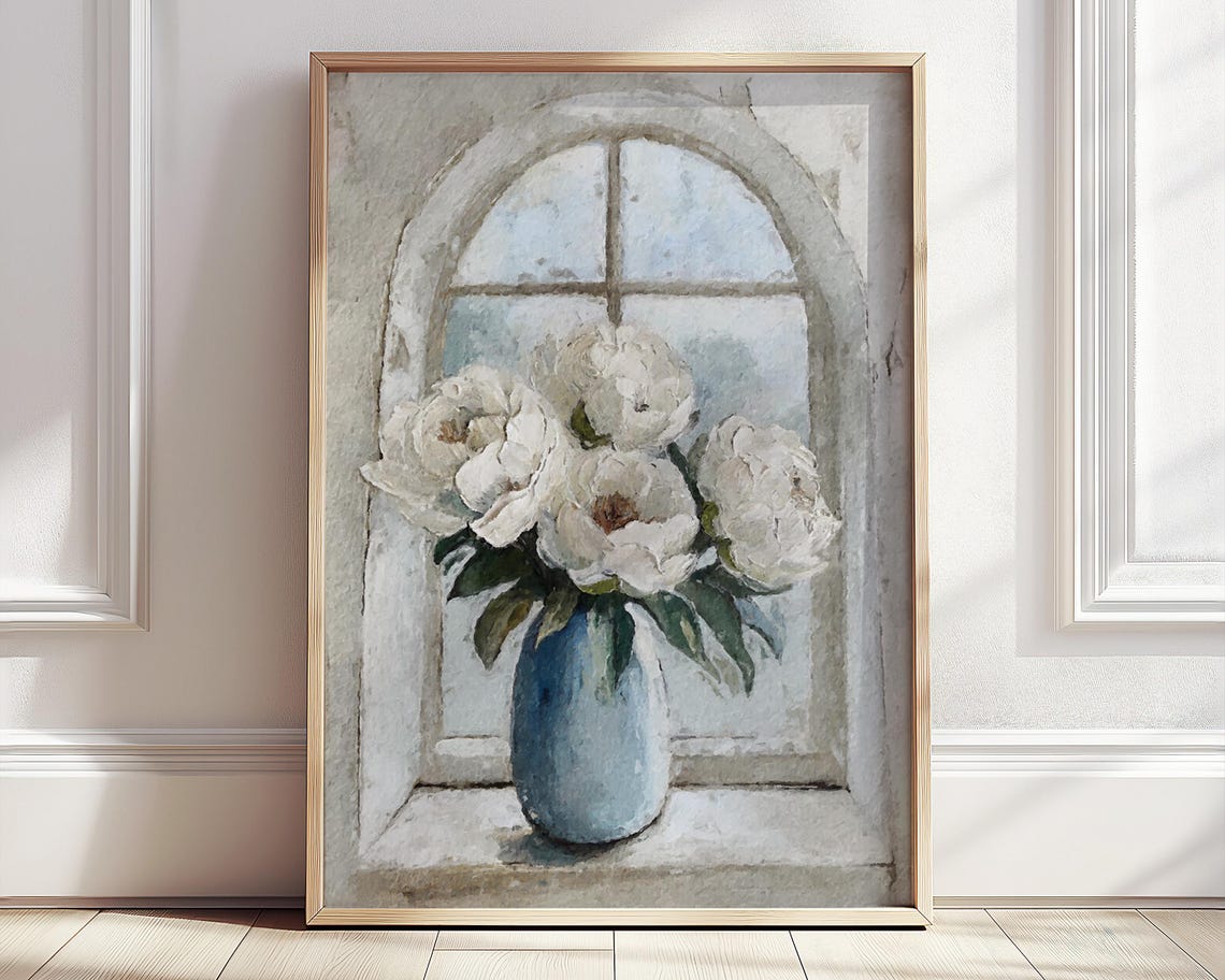 White Hydrangea Bouquet Blue Vase Arched Window Watercolor Poster