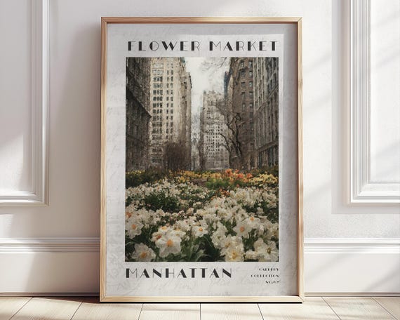 Manhattan Flower Market Poster Us Travel Print Modern Vintage City Poster Monet Landscape Wall Art Moody Living Room Decor Home Gifts