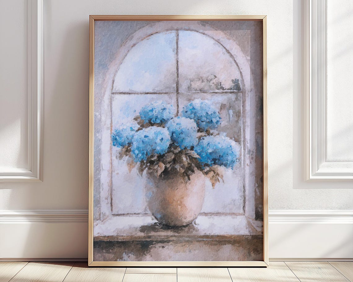 Blue Hydrangea Pot Arched Window Watercolor Still Life Art Poster
