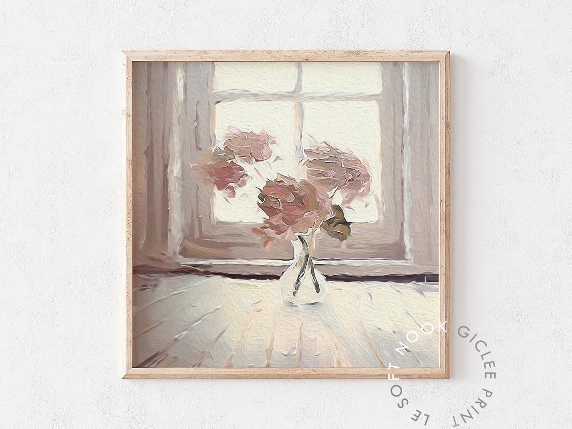 Pink Hydrangea Window Still Life Soft Impressionist Floral Poster