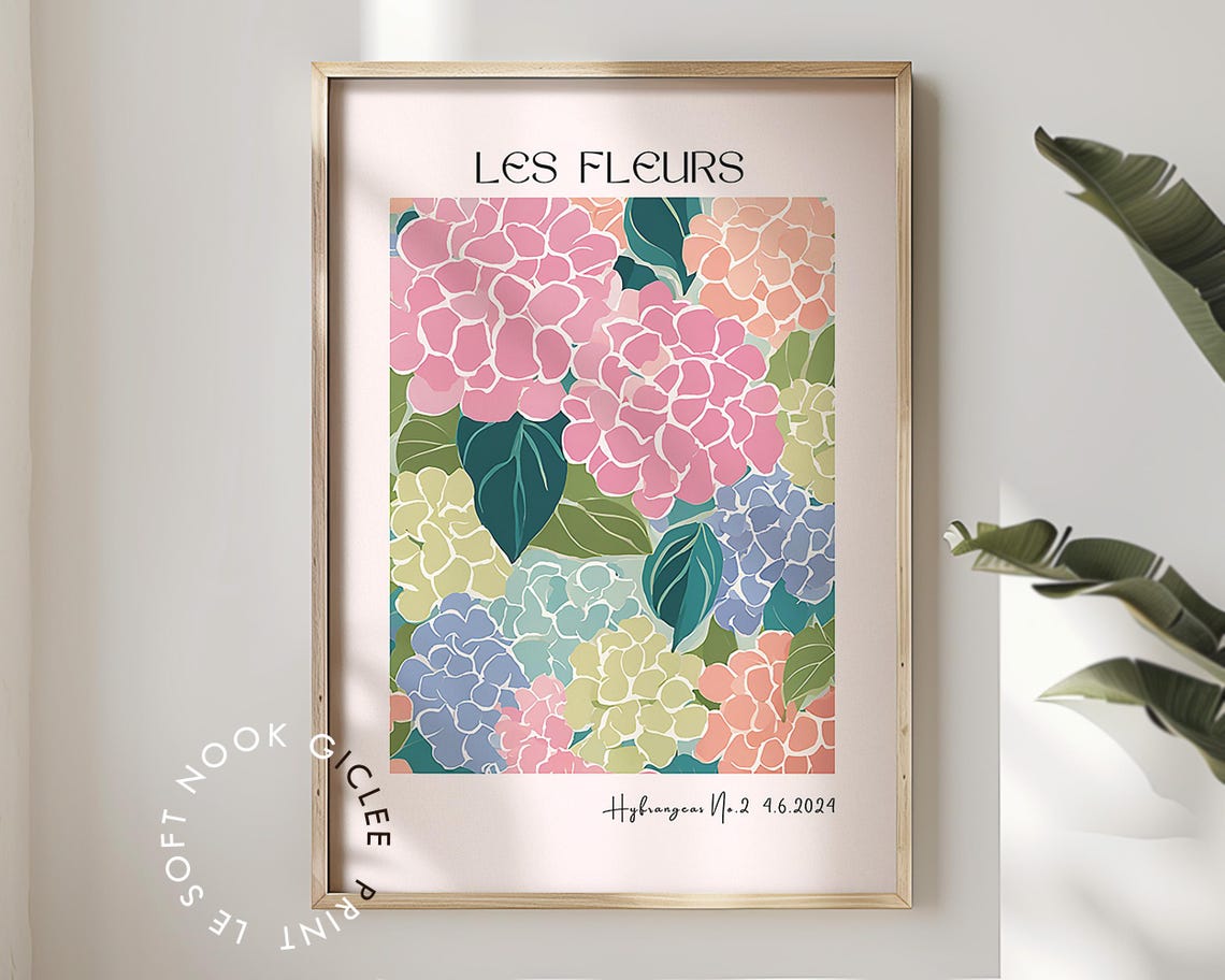 Les Fleurs Pastel Hydrangea Cluster Blooms Soft Floral Art Poster