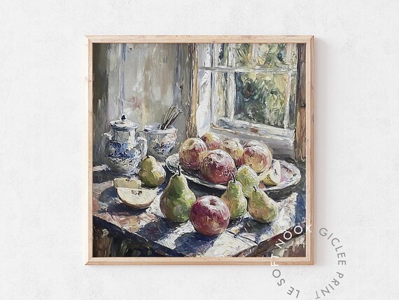 Vintage Apples and Pears Still Life Rustic Kitchen Fruit Poster
