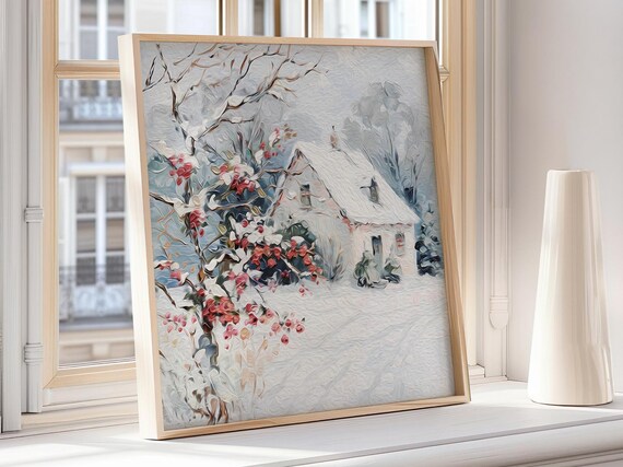 Snowy Winter Cottage Red Berries Impasto Landscape Art Poster