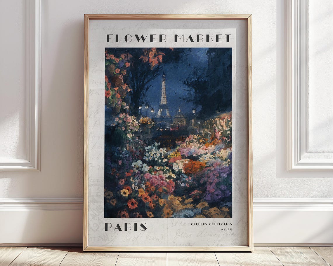 Paris Flower Market Night Eiffel Tower Dark Cityscape Poster