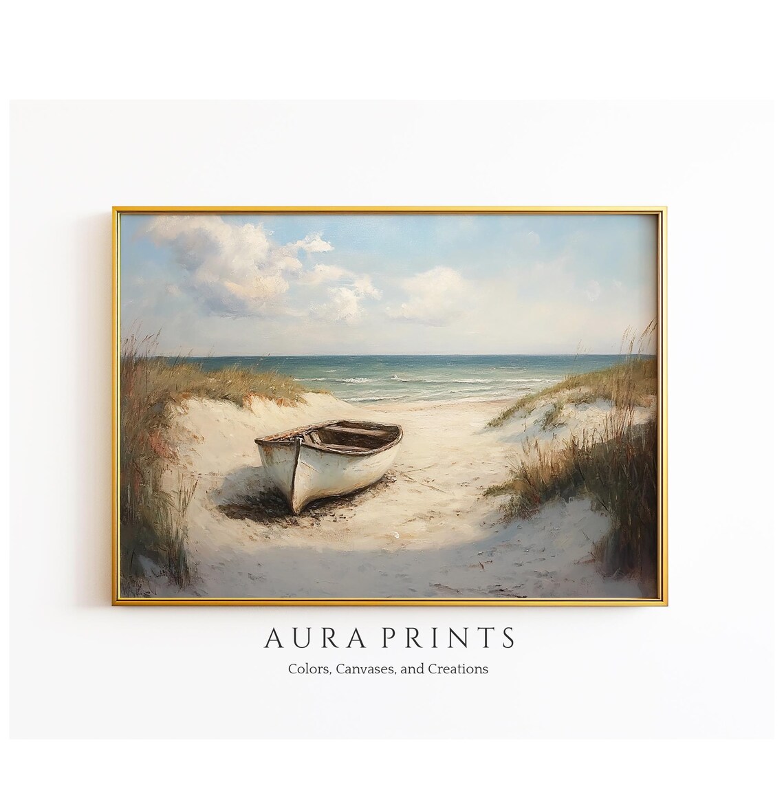 Secluded Beach Rowboat Sandy Dunes Vintage Coastal Oil Painting Poster