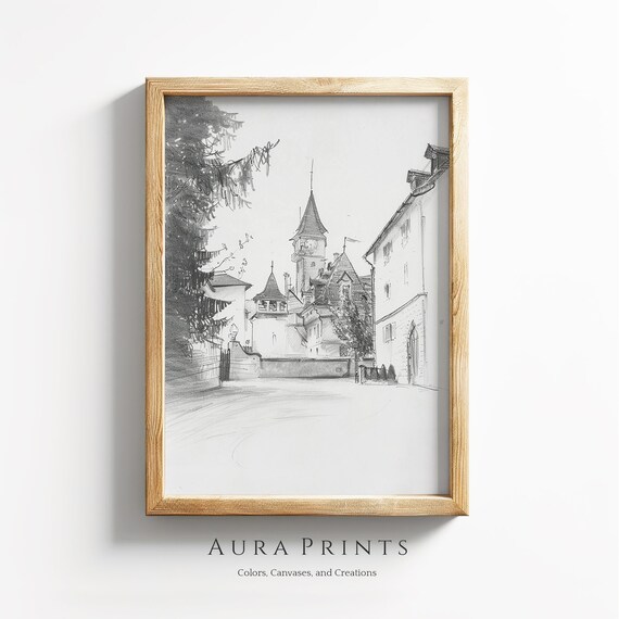 Classic Town Square Sketch Cityscape Drawing Vintage Rustic Wall Art Farmhouse Cottage Gift 0967