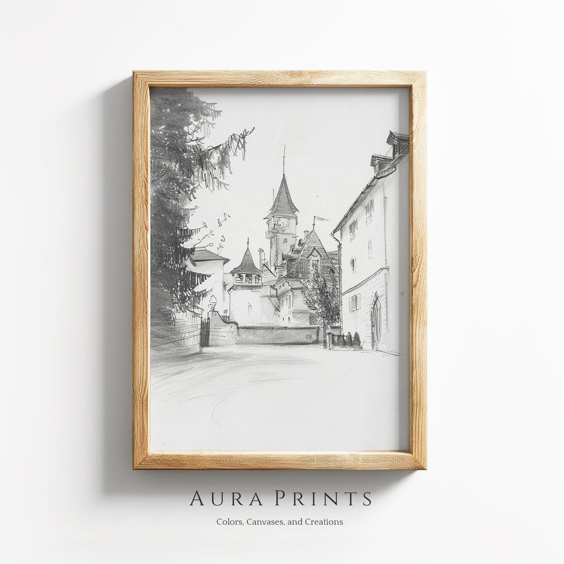 Classic Town Square Sketch Cityscape Drawing Vintage Rustic Wall Art Farmhouse Cottage Gift 0967