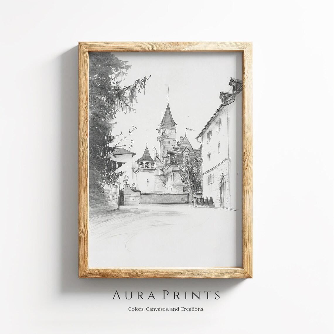 Pencil Sketch of a Historic European Town Square Church Poster