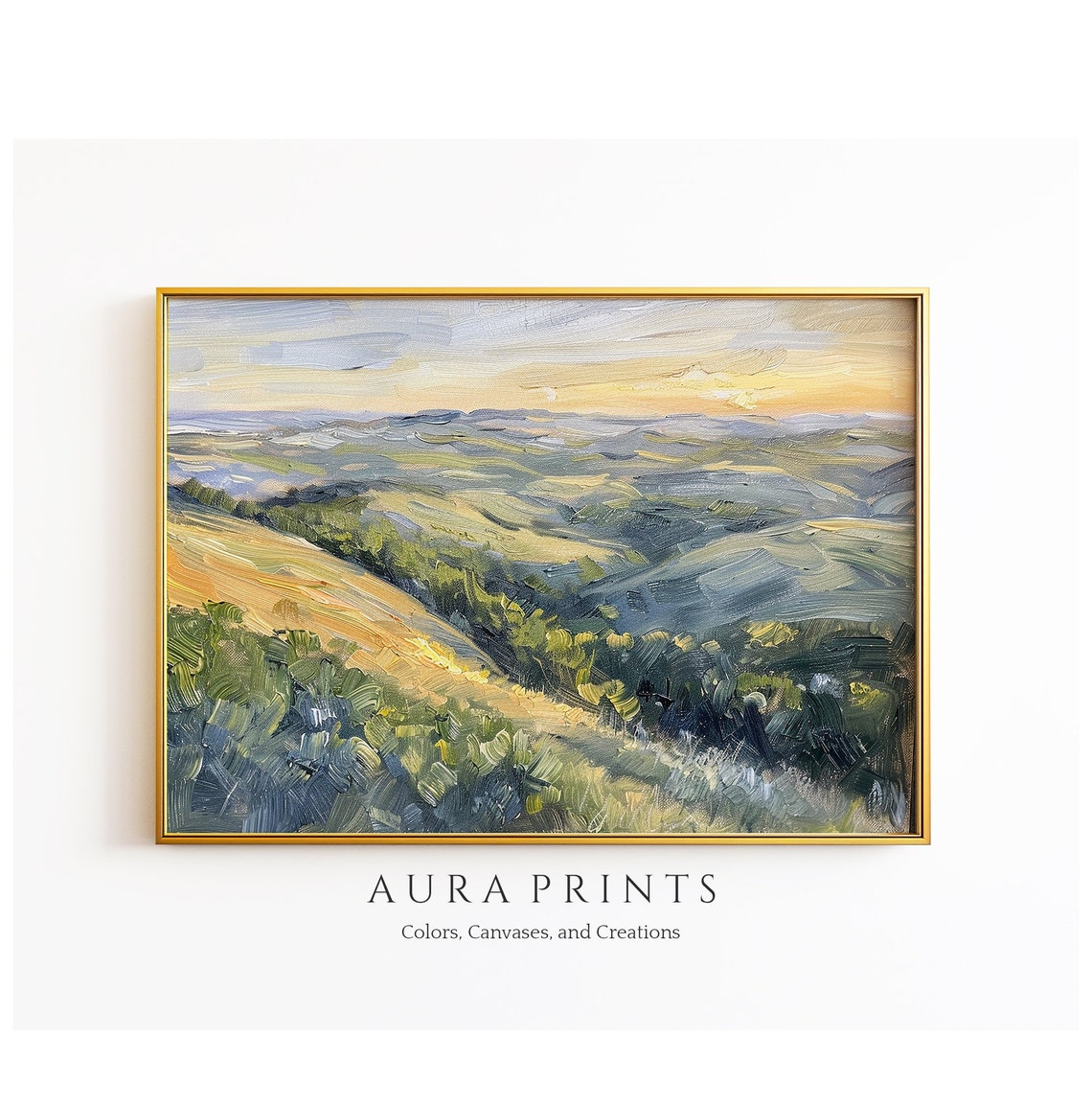 Golden Sunset Over Rolling Hills Impressionist Painting Poster