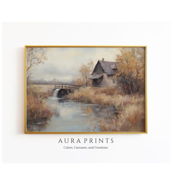 Rustic Mill House Oil Painting Waterwheel And Autumn Foliage Wall Art Antique Gift 1194