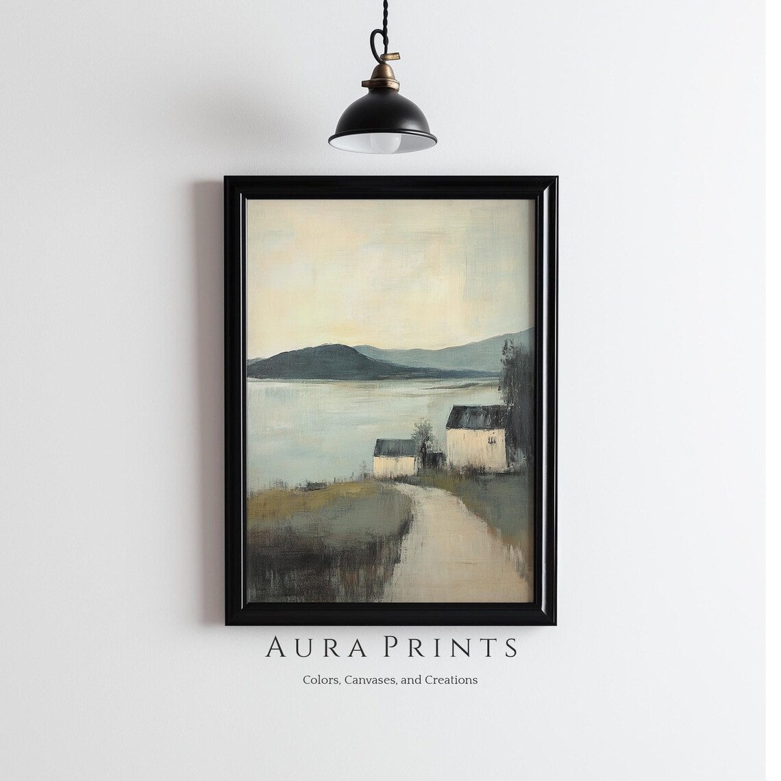 Quiet Lake Cottages Still Water Pastel Countryside Painting Poster