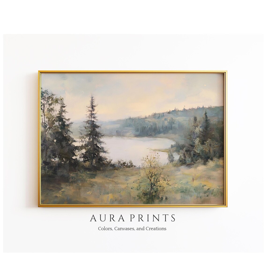 Misty Hilltop Lake Surrounded by Pine Trees Vintage Landscape Poster