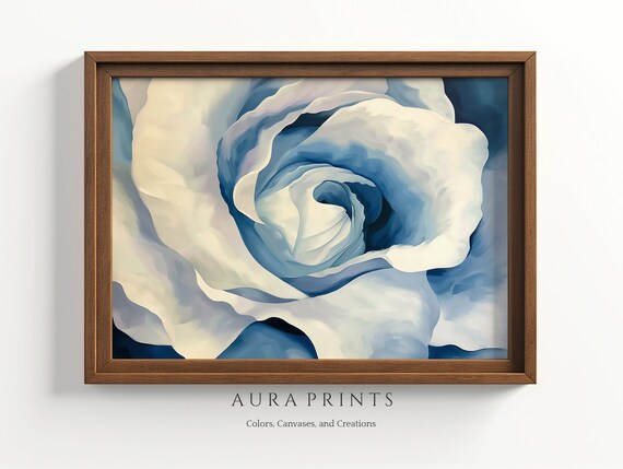 Serenity Swirl Blue White Rose Abstract Flower Painting Wall Art
