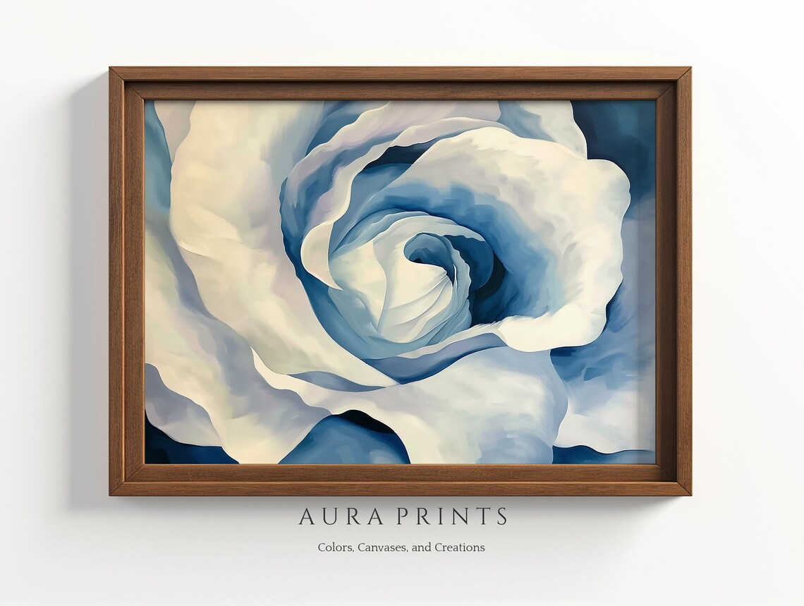 Serenity Swirl Blue White Rose Abstract Flower Painting Wall Art