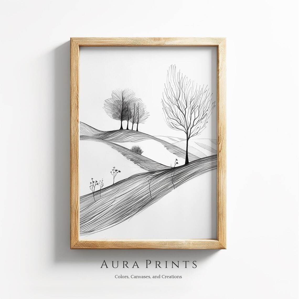 Minimalist Hills Pencil Sketch Rolling Landscape Bare Trees Line Poster