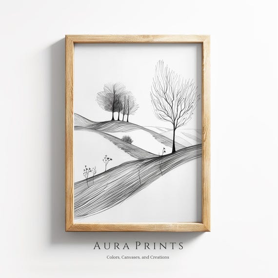 Countryside Scene Farmhouse Pencil Art Vintage Cottage Neutral Nursery Wall Decor Antique Gift 1145