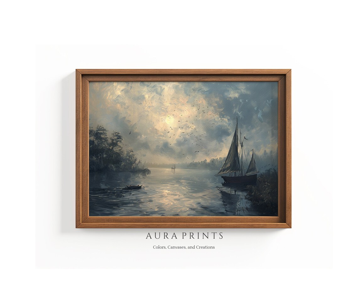 Sailboat Misty Morning Lake Vintage Oil Painting Lakehouse Poster