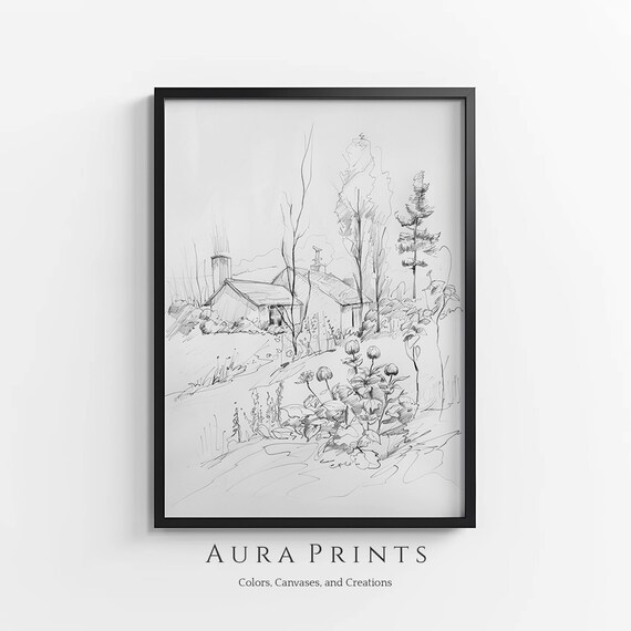 Cottage Garden Pencil Sketch Vintage Line Art Wall Decor Poster