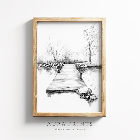 Wooden Boat Dock Lake Pencil Sketch Minimalist Nature Art Poster
