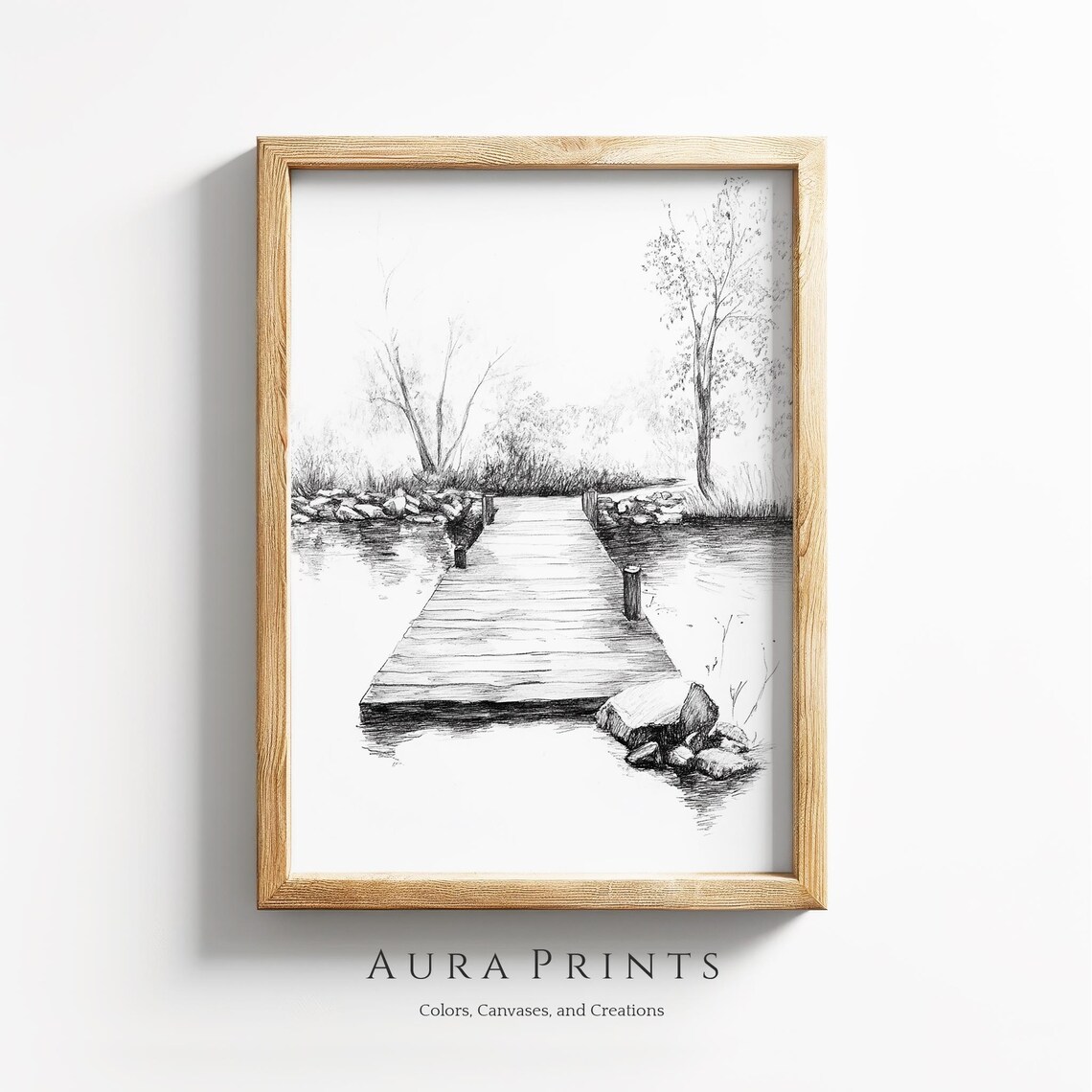 Wooden Boat Dock Lake Pencil Sketch Minimalist Nature Art Poster