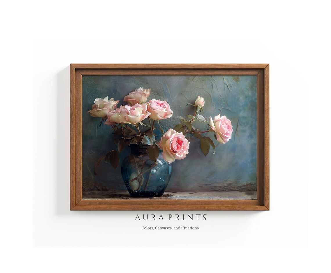 Pink Roses Blue Glass Vase Vintage Floral Still Life Art Poster