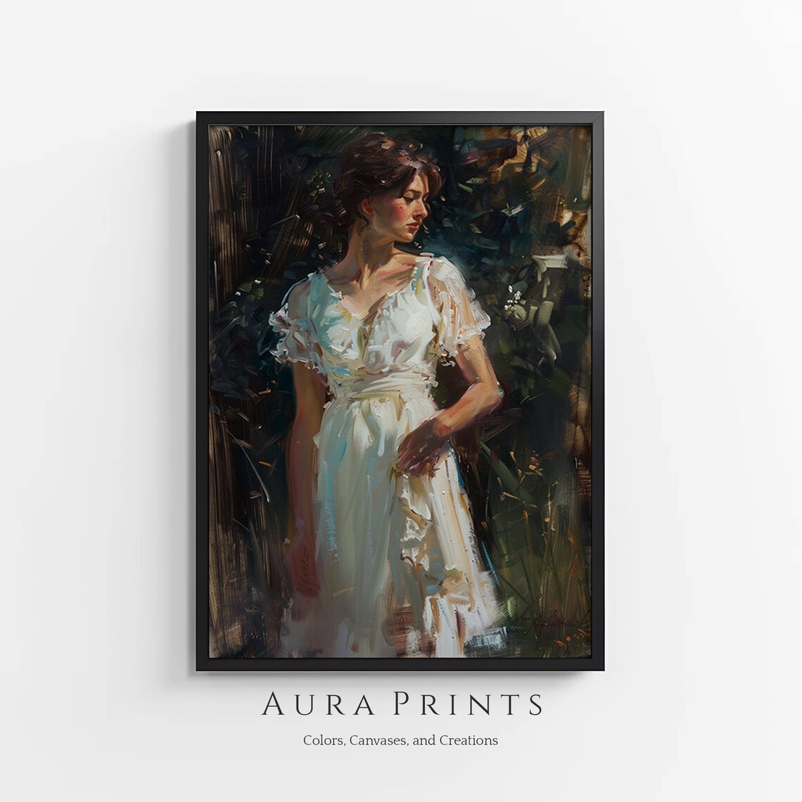 Elegant Woman in White Dress Antique Oil Portrait Painting Poster