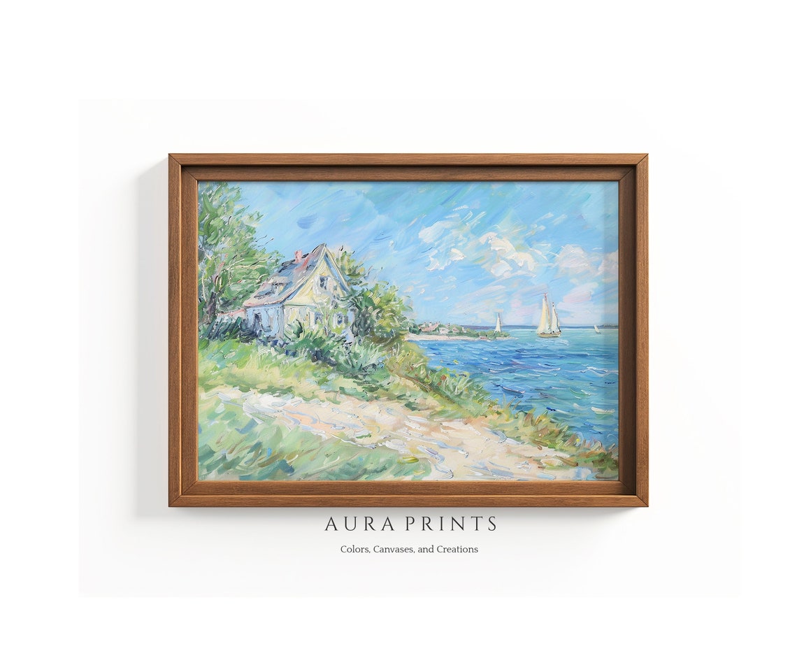 Coastal Cottage by the Sea Sailboats Impressionist Oil Painting Poster