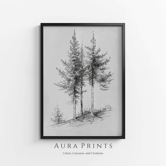 Pine Forest Sketch Neutral Drawing Vintage Wall Art Rustic Cottage Gift 0994