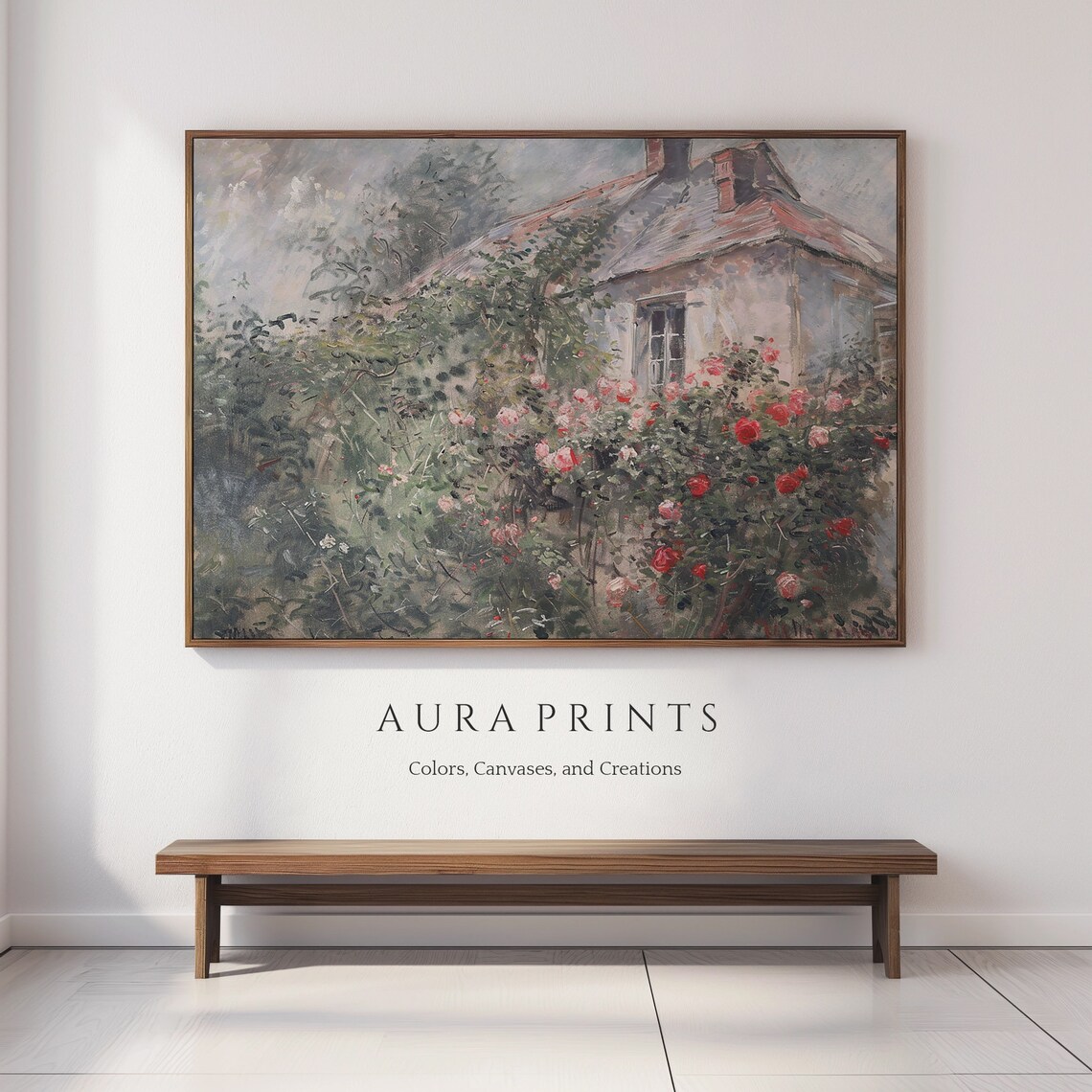 Rose Garden Cottage Impressionist Oil Painting Floral Art Poster