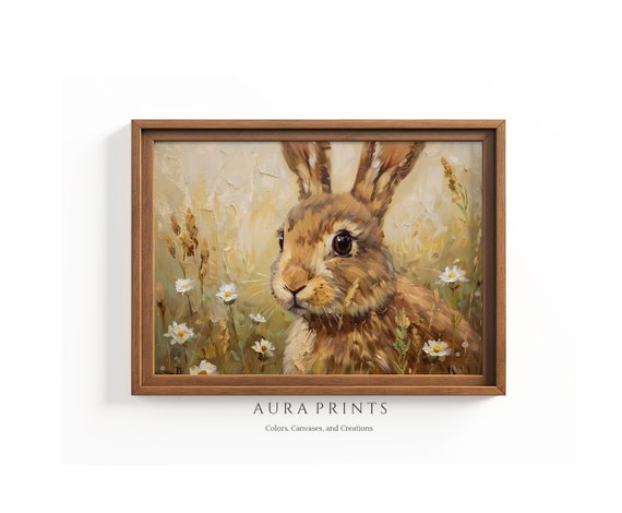 Cute Vintage Easter Bunny Oil Painting Wall Art For Kids Gift 0265