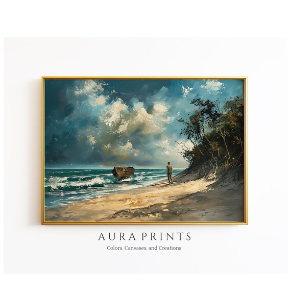 Stranded Man Beach Shipwreck Rowboat Stormy Sea Oil Painting Poster