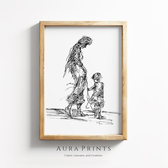 Mother and Child Walking Together Minimalist Ink Sketch Art Poster