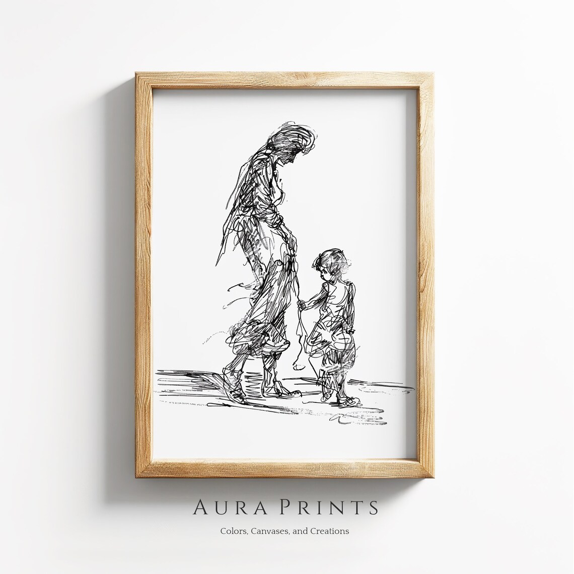Mother and Child Walking Together Minimalist Ink Sketch Art Poster