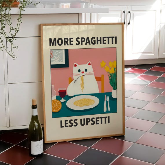 More Spaghetti Less Upsetti Cat Poster Retro Diner Italian Kitchen Print Pasta Funny Black Wall Art Digital File