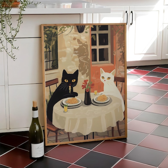 Black And White Cats Romantic Spaghetti Dinner Italian Cafe Art Poster