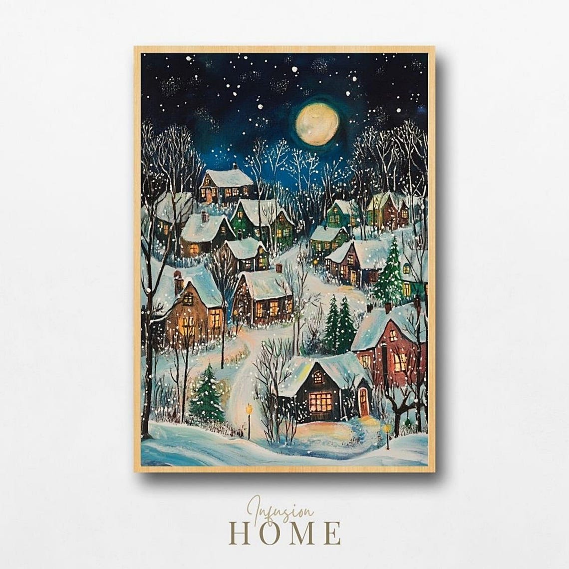 Snowy Village Moonlit Night Christmas Evergreens Winter Art Poster