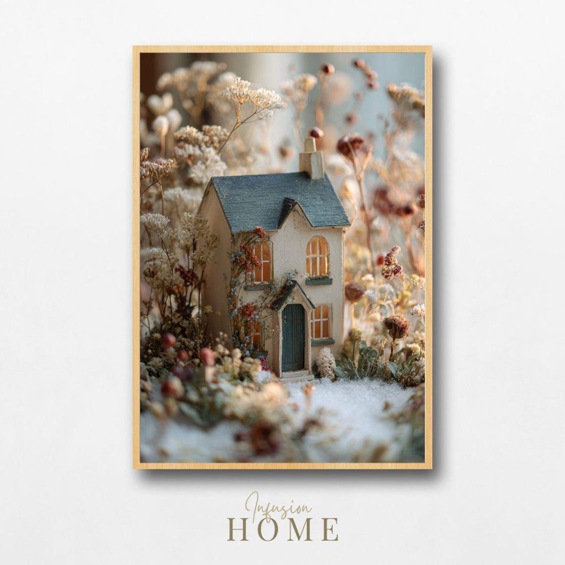 Miniature Cottage In Snow With Dried Flowers Winter Scene Poster