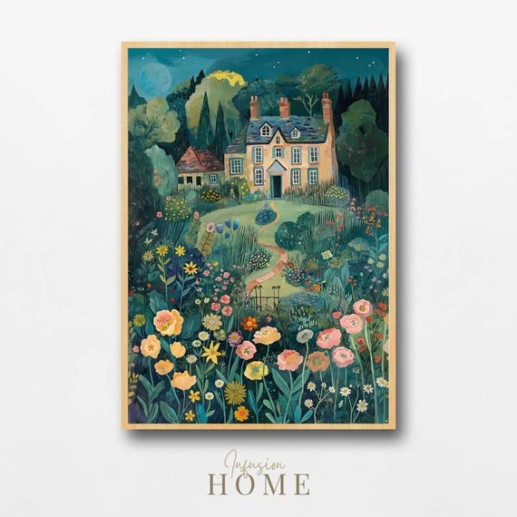 Rustic House And Garden Night Illustration Whimsical Storybook Art