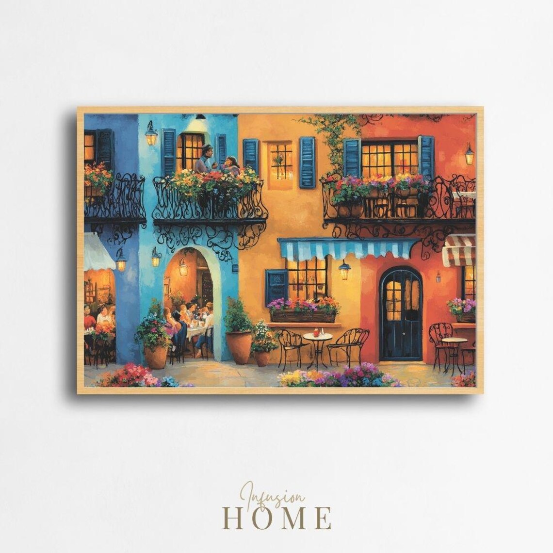 Mediterranean Cafe Balcony Blue Shutters Flower Painting Poster