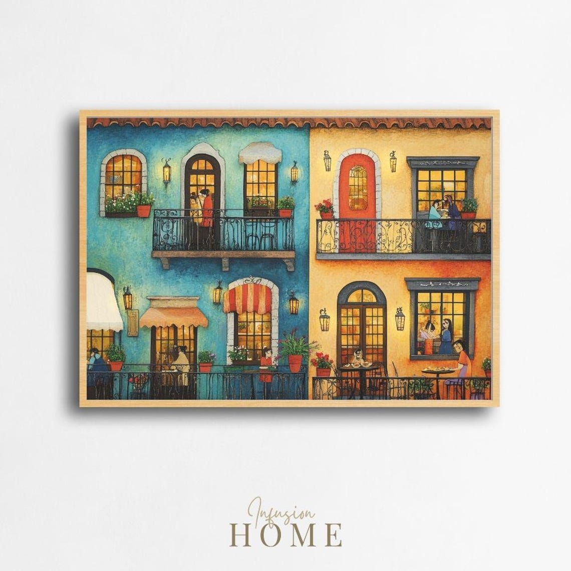 Italian Cafe Street Colorful Balconies Lanterns Whimsical Art Print