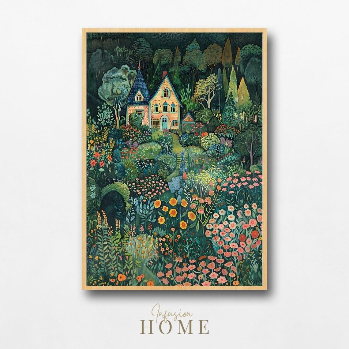 Rustic Cottage Garden Art Print, Whimsical Floral