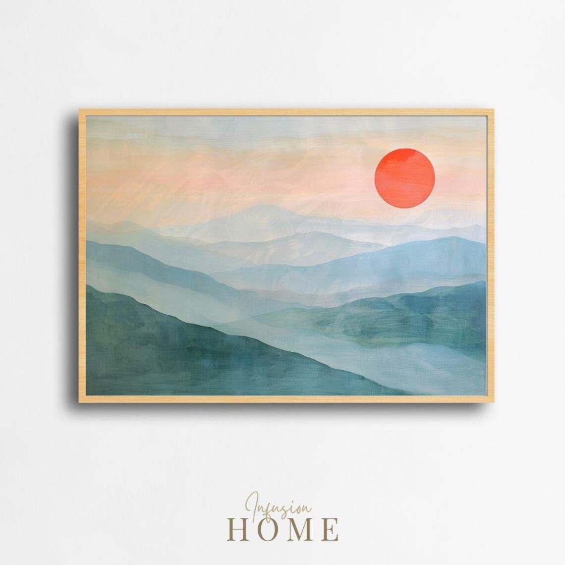 Misty Blue Mountains Red Sun Minimalist Landscape Art Poster