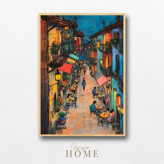 European Cafe Street Night Scene Diners and Balconies Poster