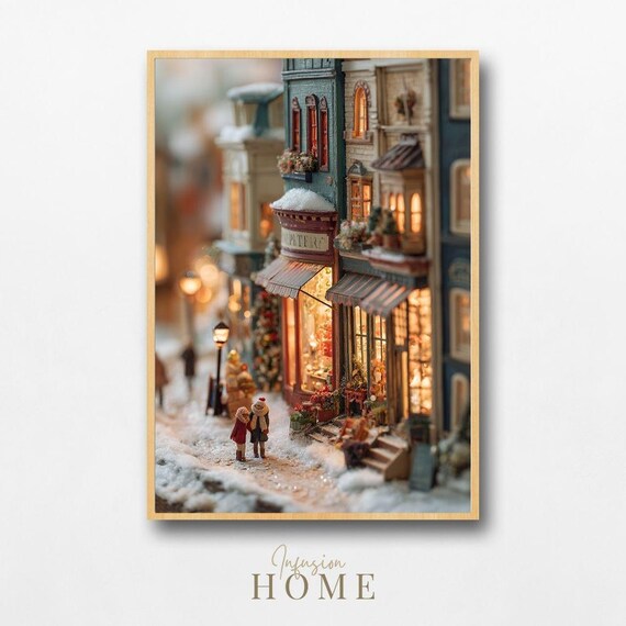 Snowy Miniature Village Toy Shop Street Children Winter Print