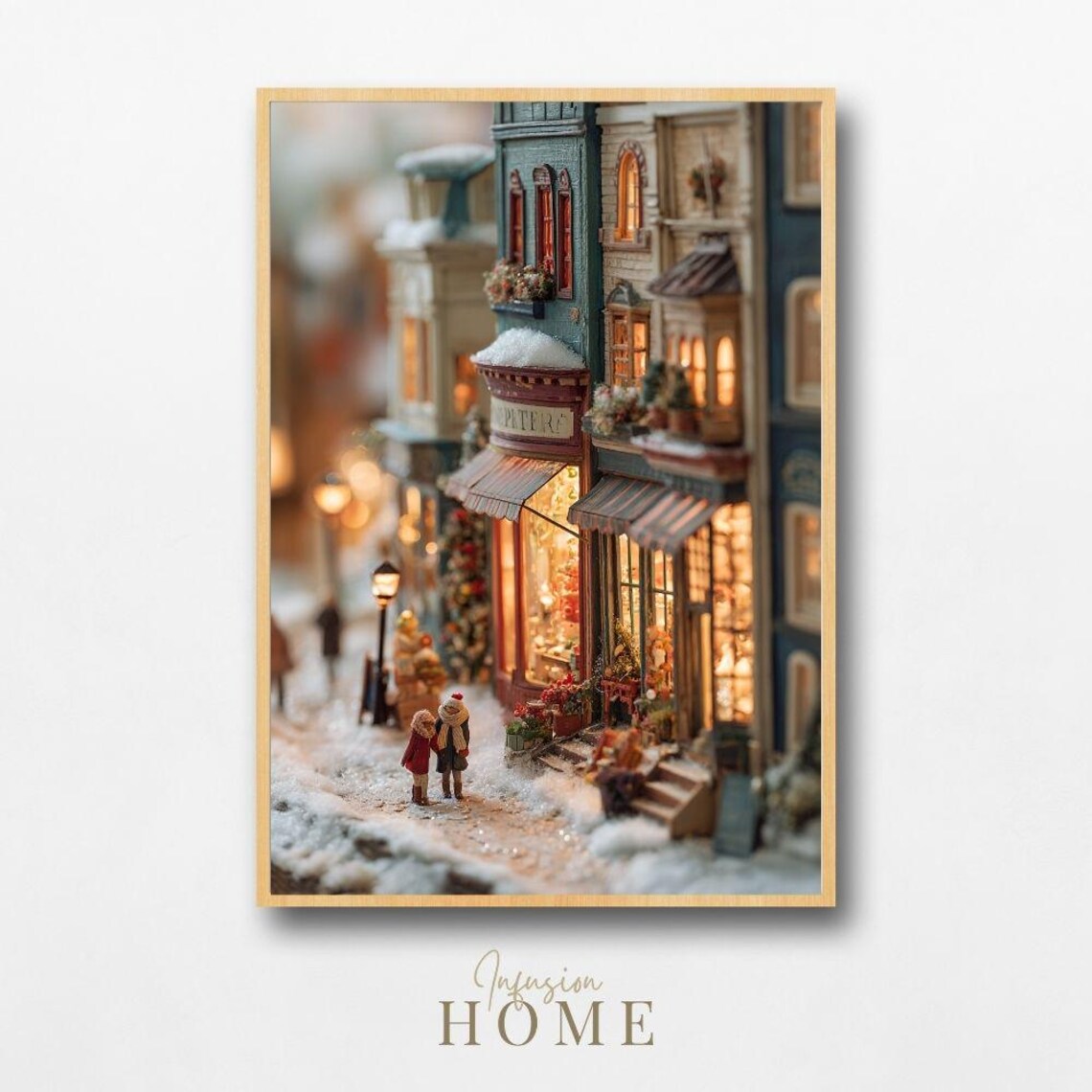 Snowy Miniature Village Toy Shop Street Children Winter Print
