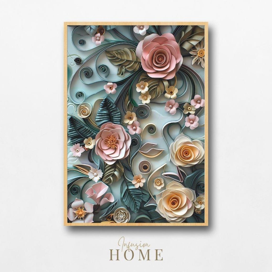 Blush Pink Quilled Paper Floral Garden Roses 3D Paper Cut Art Print