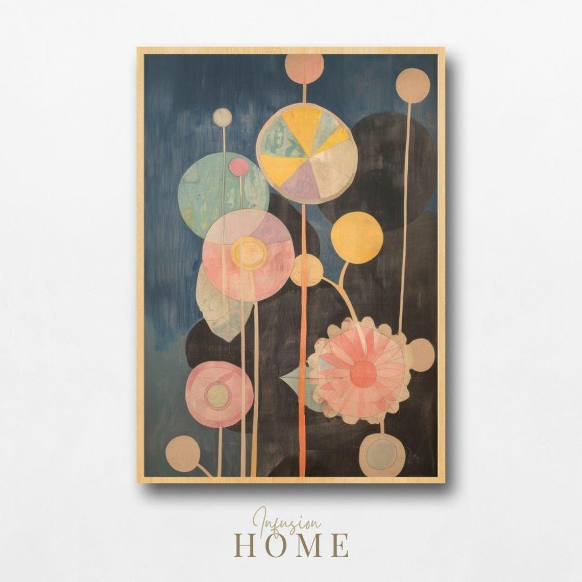 Pastel Floral Garden Abstract Blooms Dark Blue Modern Wall Poster