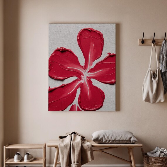 Red Flower Canvas Art Abstract Floral Print Textured Artwork Modern Contemporary Wall Decor