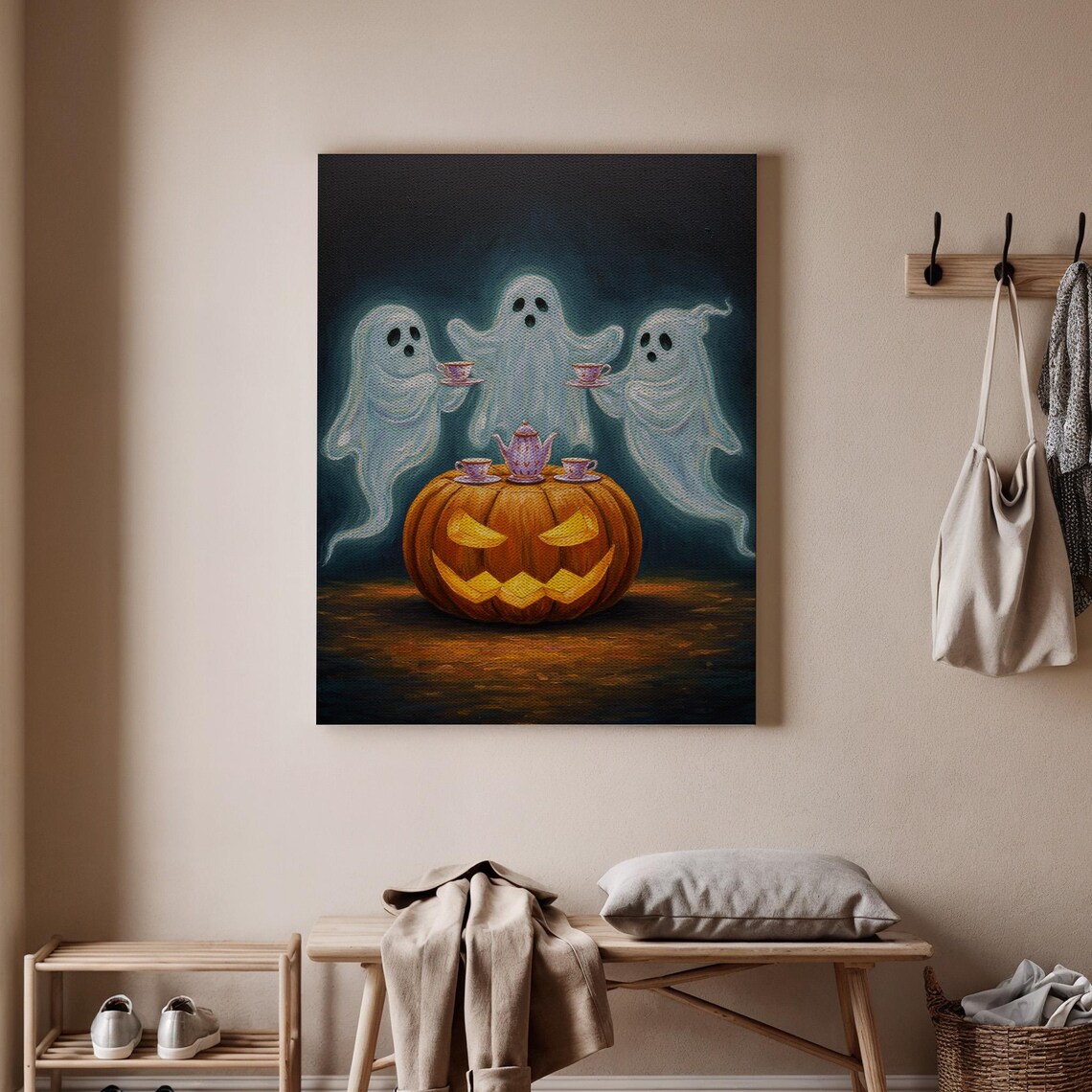 Halloween Tea Party Canvas Art Cute Ghosts With Pumpkin Teapot Spooky Wall Decor Whimsical Print